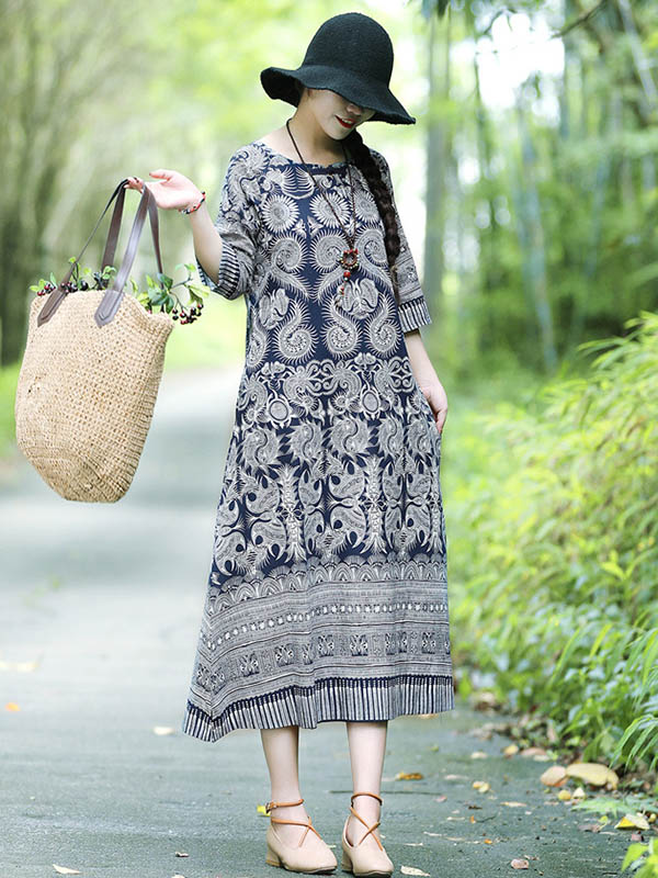 Robes mi-longues imprimées en mélange de coton vintage