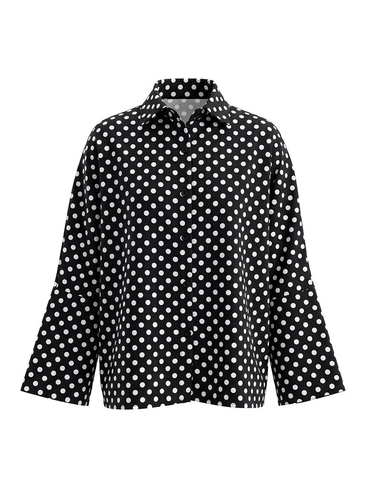 Chemisier ample boutonné à manches longues, à pois, à empiècements, à col revers, couleur contrastée