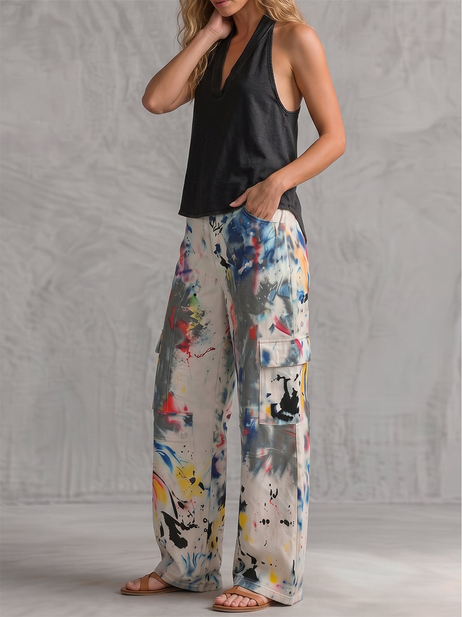 Bas de pantalon en Jean taille haute, jambe large, boutonné, couleur contrastée, poches imprimées graffitis