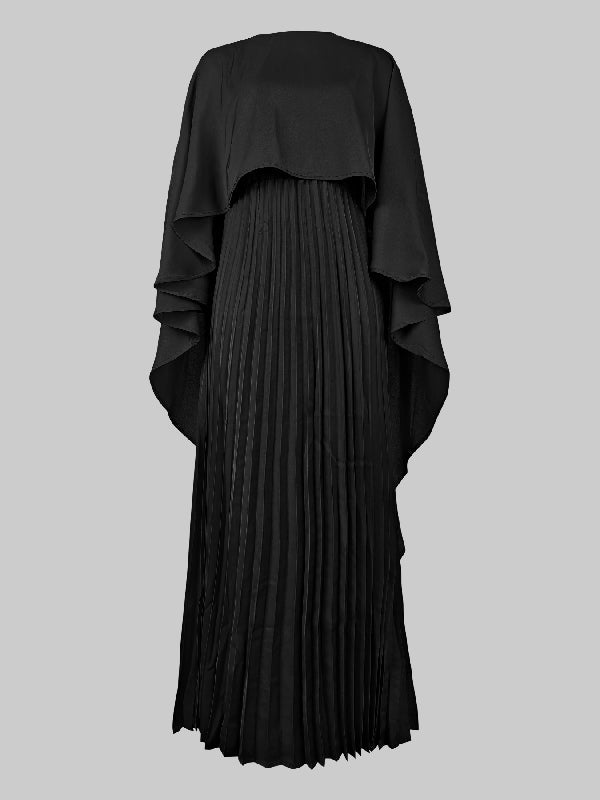 Robe de soirée longue plissée style cape, à ourlet plongeant, à empiècements, à col rond, couleur unie