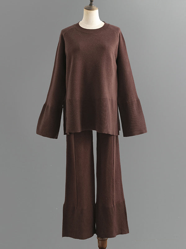 Ensemble deux pièces décontracté ample à manches longues, à col rond, à jambes larges, couleur unie – pull + pantalon