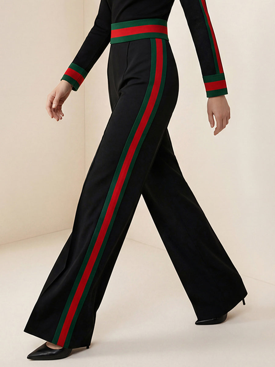 Pantalon ample rayé à jambes larges, à poches, à empiècements, couleur contrastée