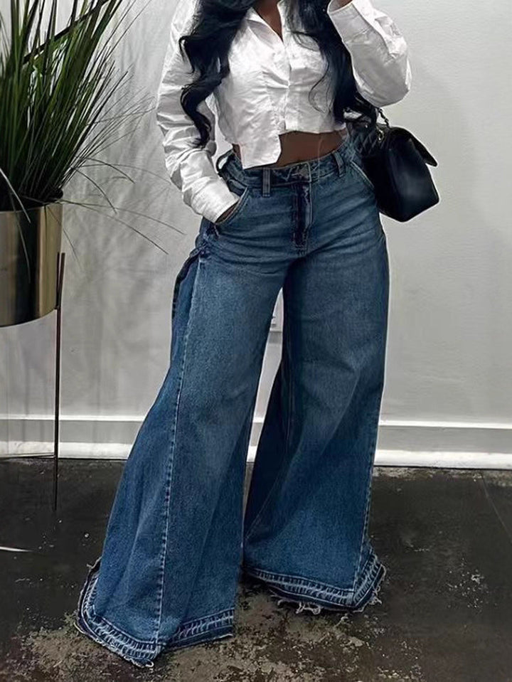 Jean boutonné taille haute, à jambes larges, à poches