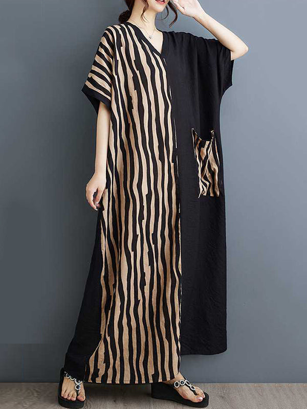 Robe longue rayée coupe trapèze, à manches chauve-souris, à poches, à empiècements, à col en V, couleur contrastée