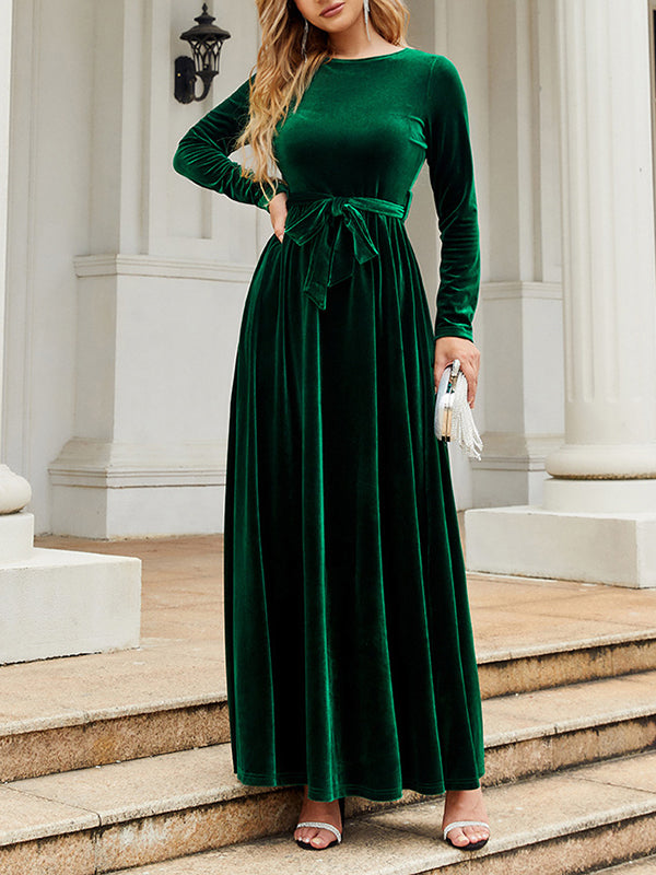 Robe longue plissée à manches longues, coupe portefeuille, avec ceinture, à fermeture éclair, à col rond, couleur unie