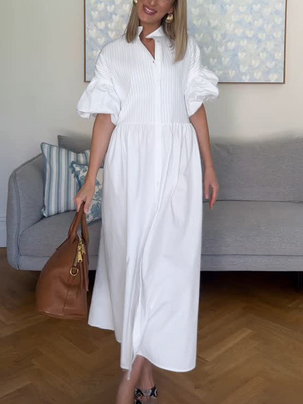 Robe longue boutonnée plissée ample à taille nouée, à manches mi-longues, à col montant, couleur unie