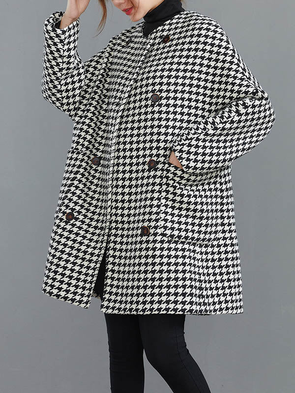 Manteau en laine ample boutonné à motif pied-de-poule, à col rond, à manches longues