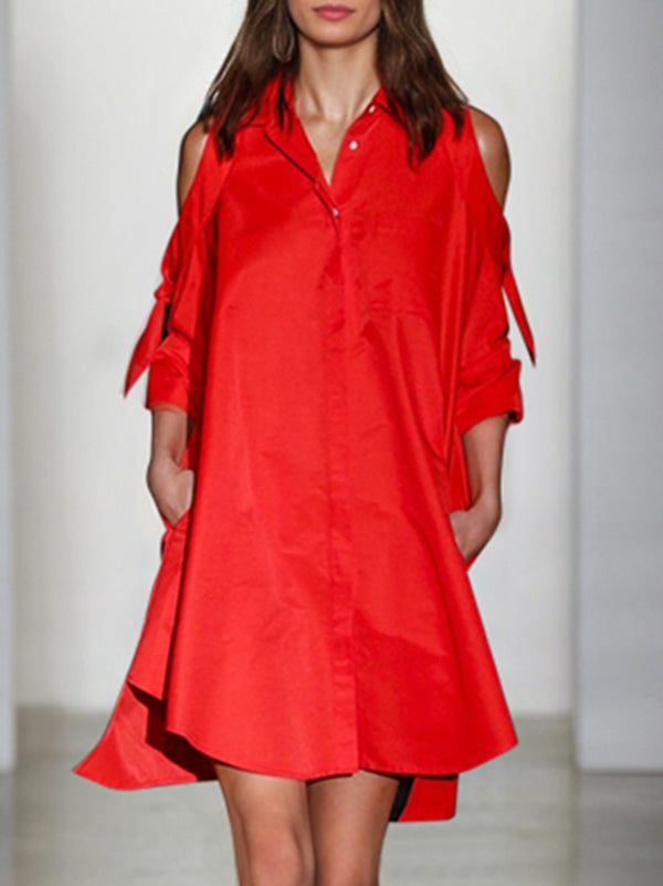 Robe chemise ample à empiècements, à épaules ajourées, couleur unie