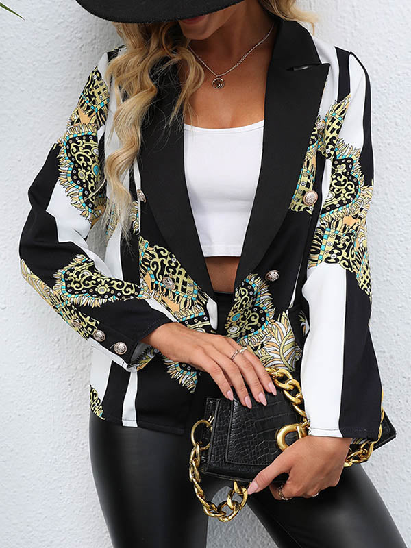 Blazer ample boutonné imprimé à manches longues, à poches, à col cranté