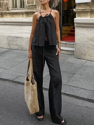 Ensemble deux pièces court plissé à col licou, à empiècements, taille haute, à taille élastique, à taille nouée, couleur unie – débardeur + pantalon
