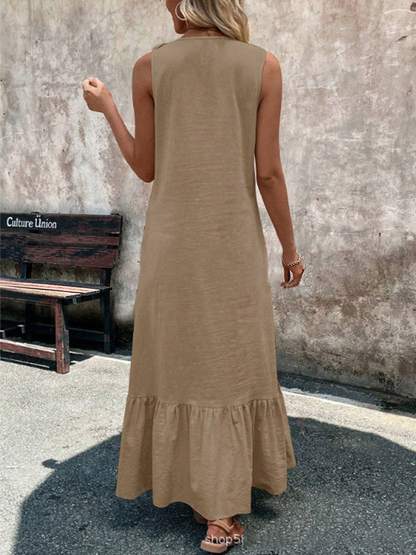 Robe longue ample plissée coupe trapèze, à bordure volantée, à col en V, couleur unie