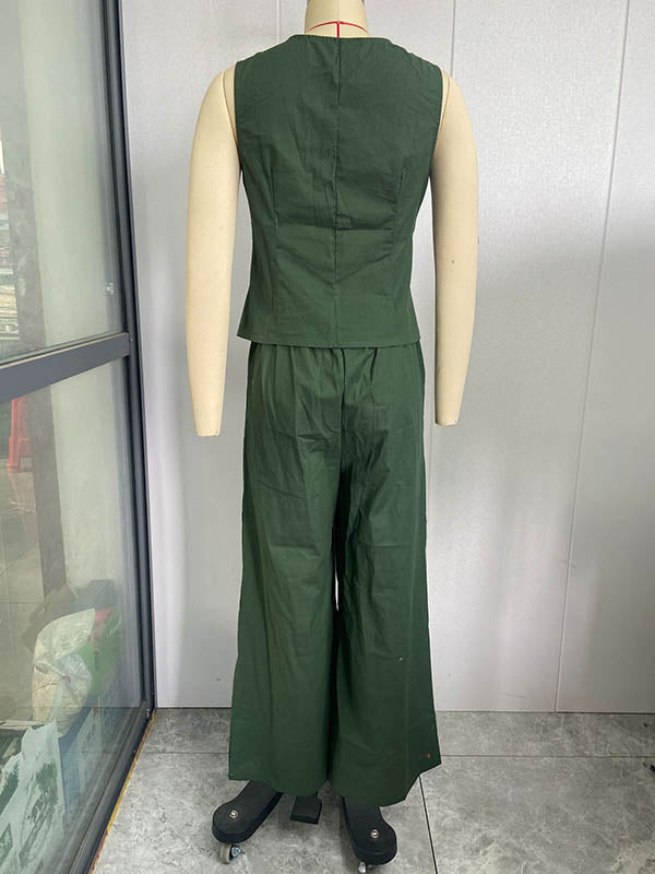 Ensemble deux pièces ample, couleur unie, col en v, pantalon élastique, grande taille