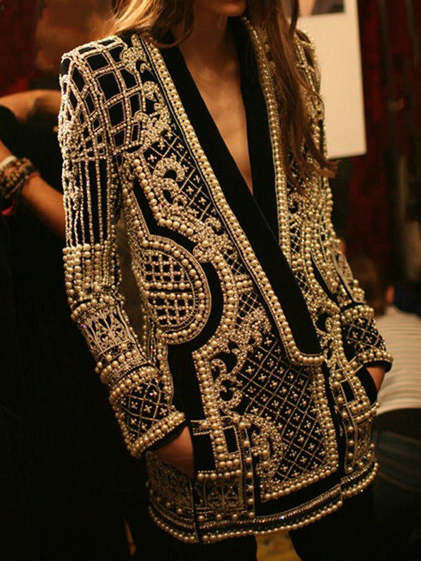 Blazer ample imprimé à manches longues, à perles, à col en V
