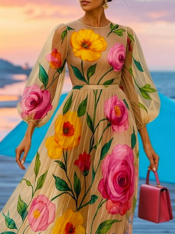 Robe mi-longue transparente ample à imprimé floral, à manches bouffantes, à col rond