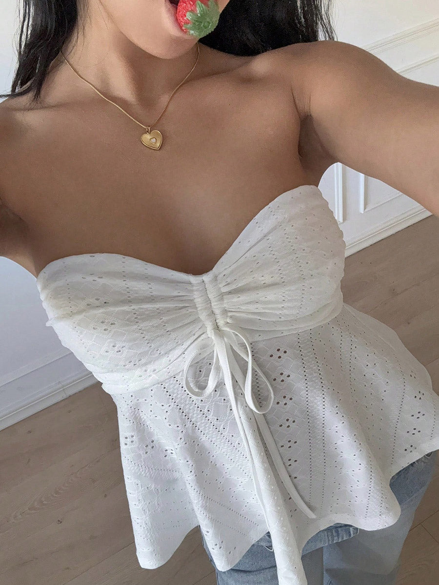 Débardeur ajouré plissé noué coupe près du corps, sans manches, dos nu, à empiècements, bustier, couleur unie