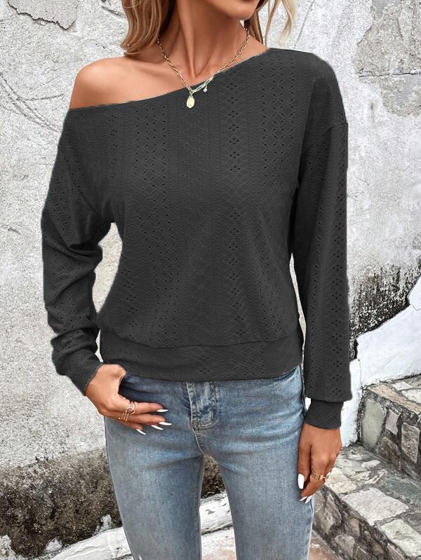 T-shirt ample asymétrique à manches longues, à empiècements, asymétrique à une épaule, couleur unie