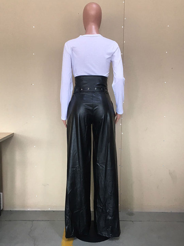Pantalon taille haute, à jambes larges, avec ceinture, à fermeture éclair, couleur unie