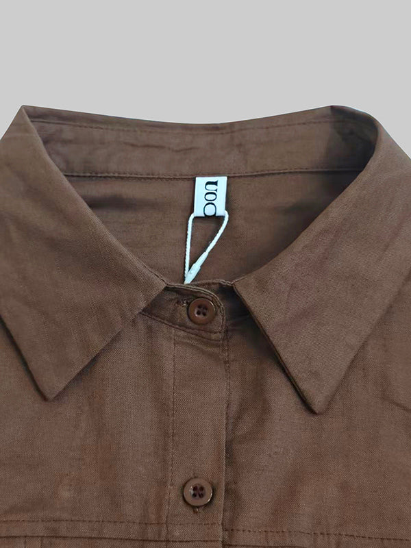 Robe chemise ample plissée à manches bouffantes, à empiècements, à col revers, couleur unie