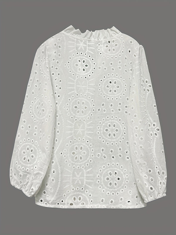 Chemisier boutonné ajouré transparent à coupe irrégulière, à manches longues, en forme de fleur, à boutonnage simple, à empiècements, à col en V, couleur unie