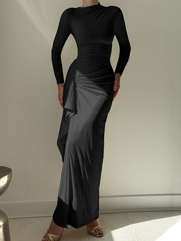 Robe longue moulante asymétrique plissée volantée taille haute, à empiècements, à col rond, couleur unie