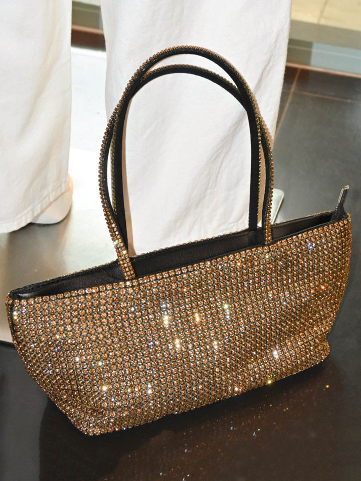 Sac besace à fermeture éclair, à strass, couleur unie
