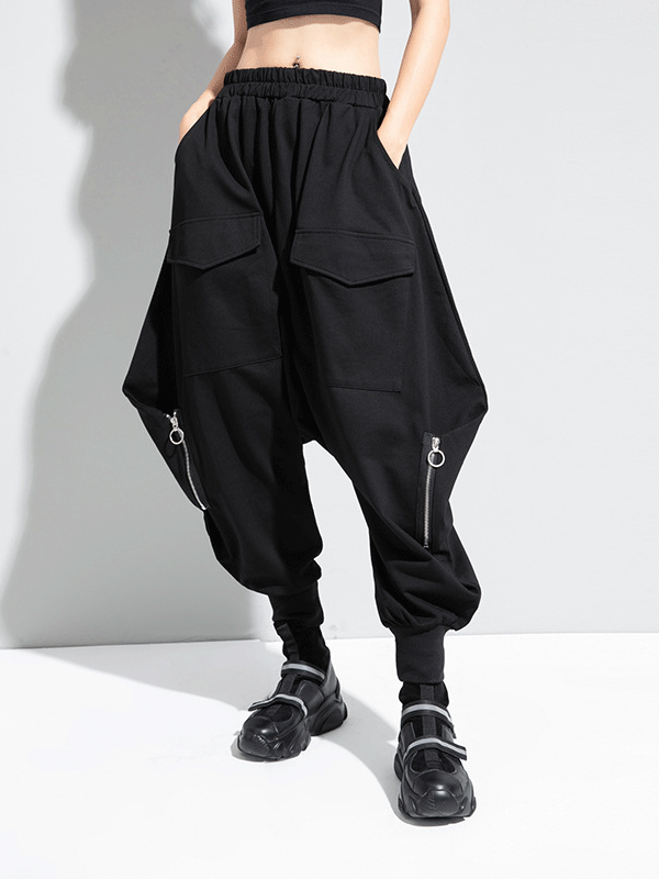 Pantalon sarouel uni ample simple avec fermeture éclair