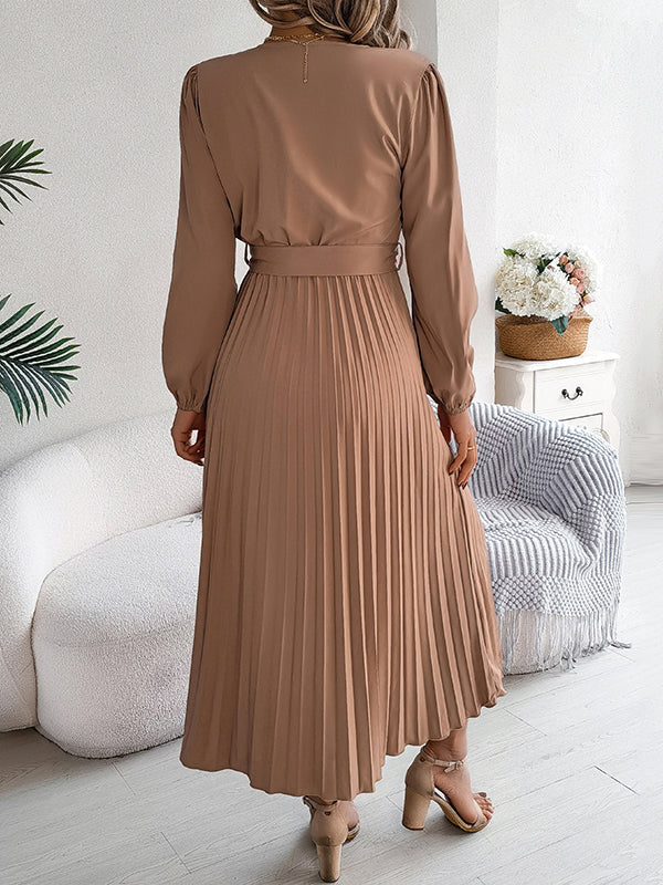 Robe longue boutonnée plissée taille haute, à manches longues, avec ceinture, à col en V, couleur unie