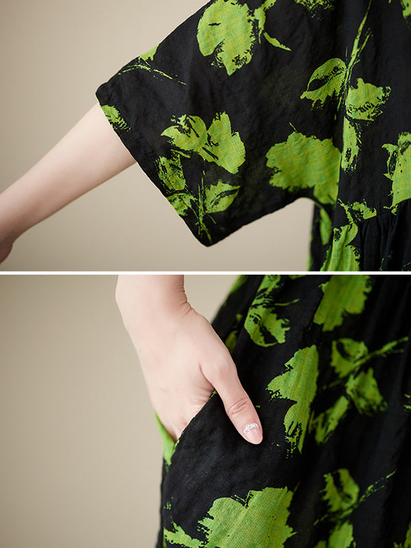 Robe mi-longue ample plissée à fleurs, à col rond