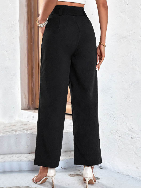 Pantalon côtelé décontracté taille haute, à jambes larges, couleur unie