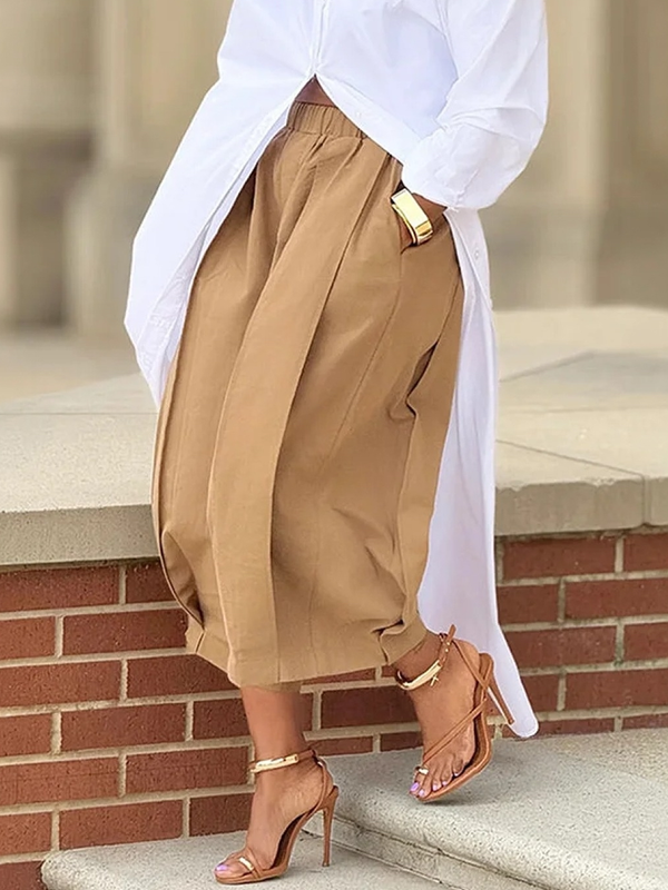 Pantalon ample plissé à jambes larges, à poches, couleur unie