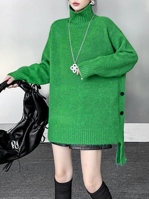 Irrégularité Manches Longues Côtes Boutonnées Couleur Unie Joint Fendu Col Haut Pull Hauts