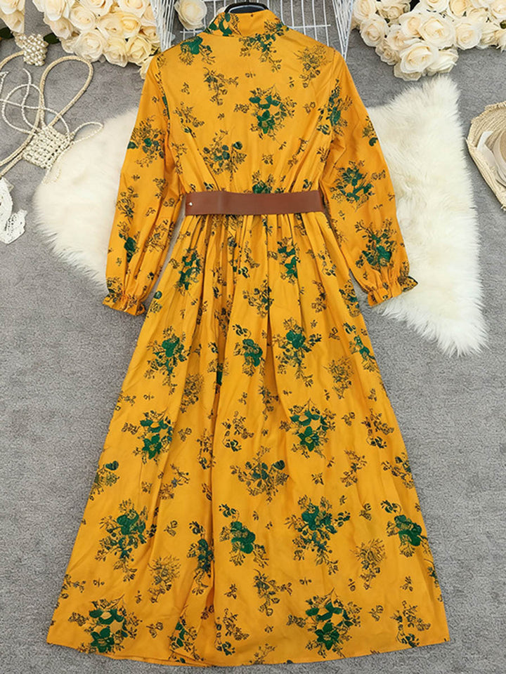 Robe chemise boutonnée plissée coupe trapèze, à taille élastique, avec ceinture, à imprimé floral, à empiècements, à col revers, couleur contrastée