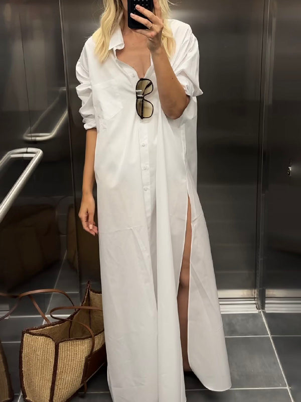 Robe chemise longue à manches longues, ample, boutonnée, couleur unie, revers fendu sur le côté