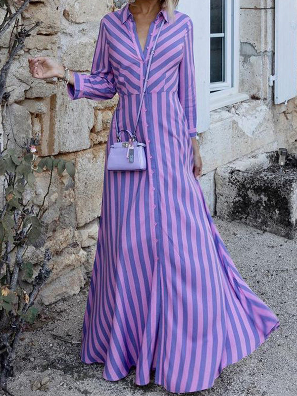 Robe longue élégante rayée à manches longues, à col revers