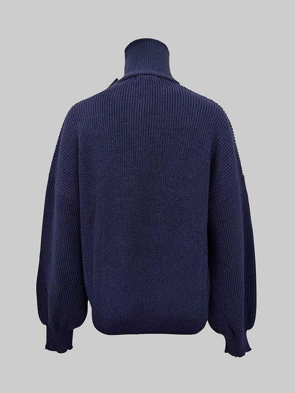 Pull ample à manches bouffantes, à nœud, à empiècements, à col haut, couleur unie