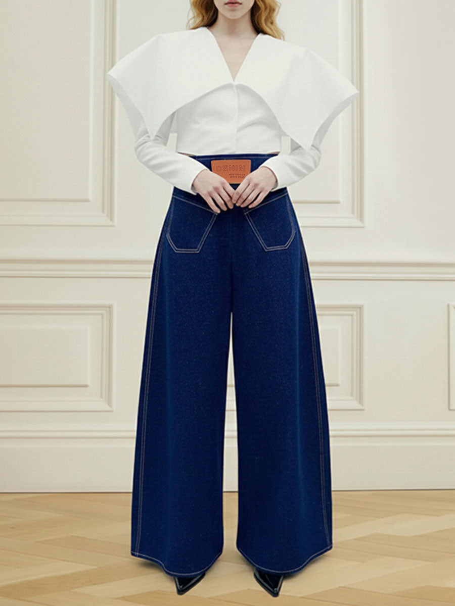 Jean ample taille haute, à taille élastique, à poches, à fermeture éclair, couleur unie