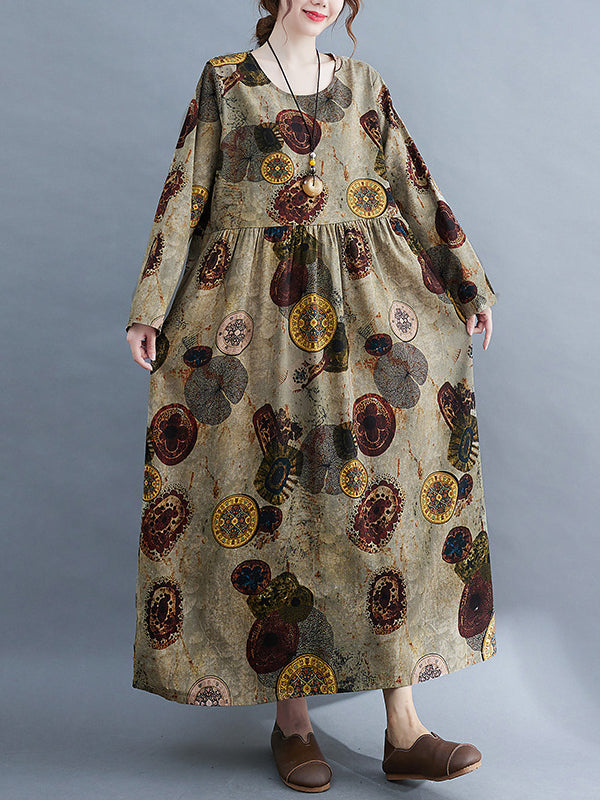 Robe longue artistique ample imprimée rétro, à manches longues, à col rond