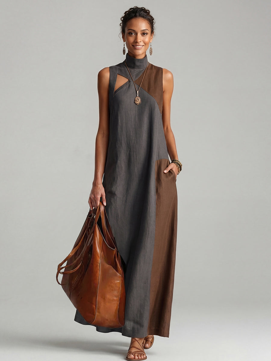 Robe longue ample asymétrique sans manches, à poches, à empiècements, à col cheminée, couleur contrastée