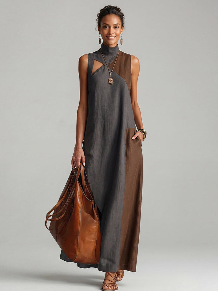 Robe longue ample asymétrique sans manches, à poches, à empiècements, à col cheminée, couleur contrastée