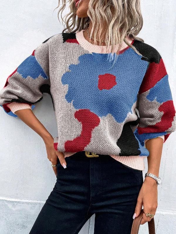 Pull ample asymétrique à manches bouffantes, à fleurs en tricot, à empiècements, à col rond