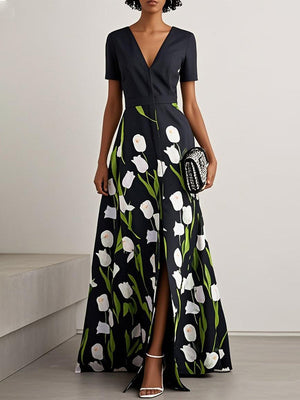 Robe longue fendue devant coupe trapèze, taille haute, à imprimé floral, à col en V