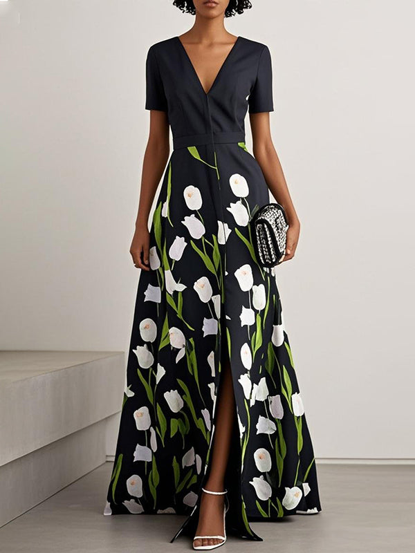 Robe longue fendue devant coupe trapèze, taille haute, à imprimé floral, à col en V