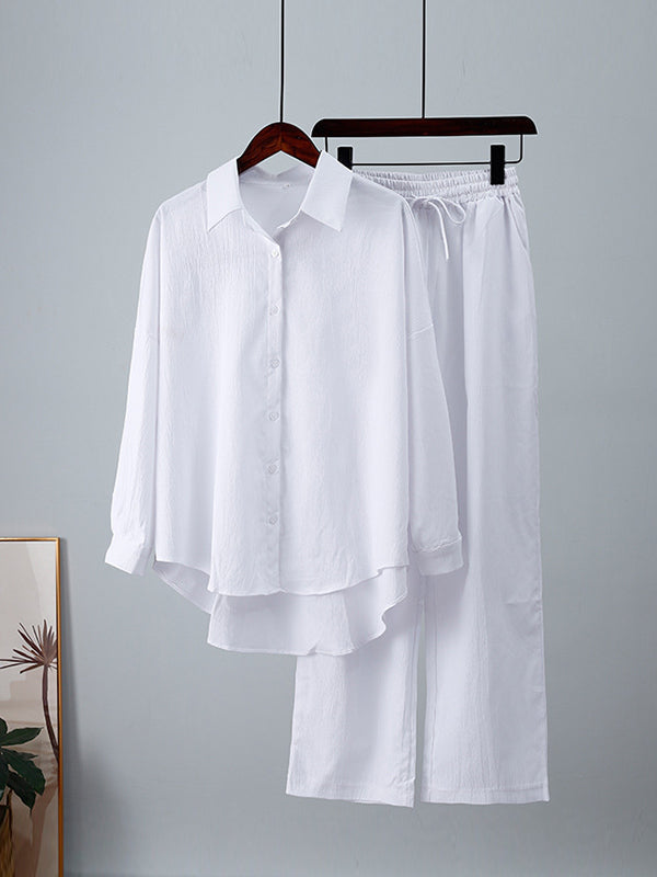 Ensemble deux pièces à ourlet plongeant, à manches longues, à col revers, à cordon de serrage, couleur unie – chemisier + pantalon