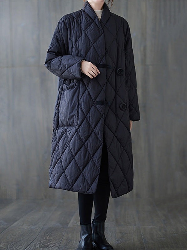 Manteau artistique boutonné matelassé vintage, rétro, à col montant, à manches longues, couleur unie