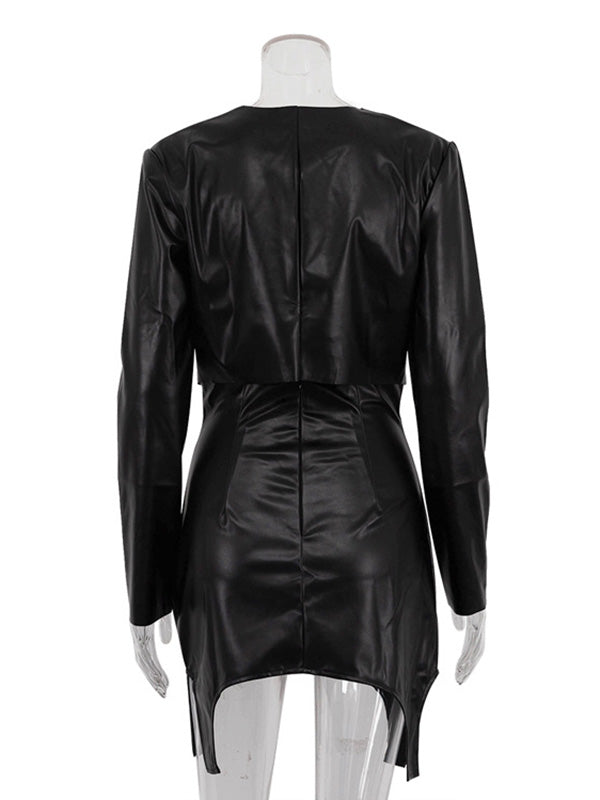 Ensemble deux pièces moulant à empiècements, à col rond, à fermeture éclair, taille haute, couleur unie – t-shirt + jupe + bas