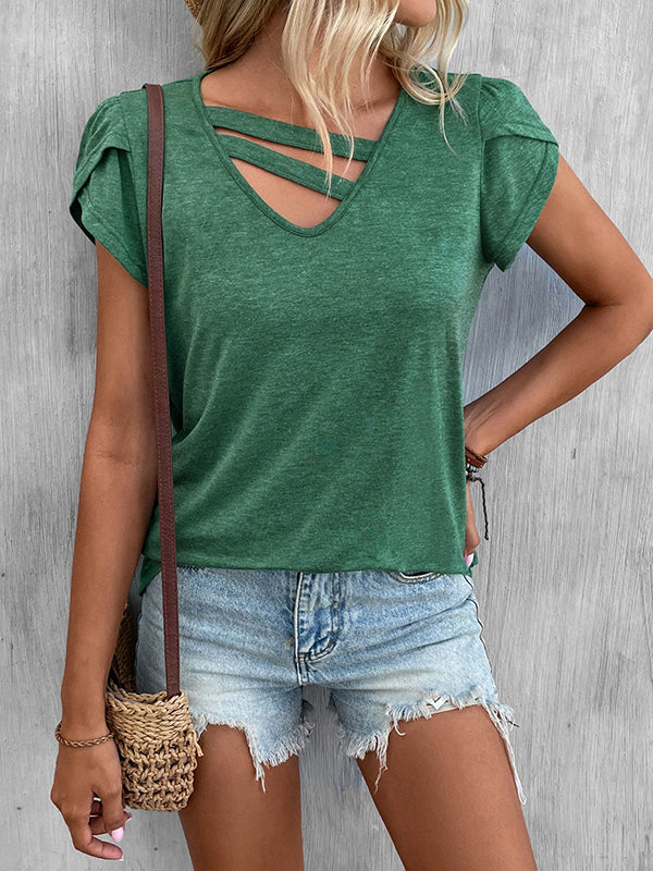 T-shirt ample à manches courtes, à col en V, couleur unie