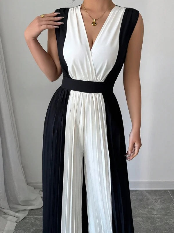 Combinaison ample plissée taille haute, à col en V, couleur contrastée