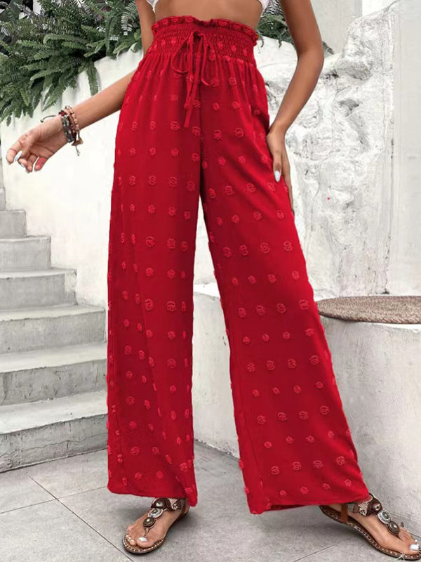 Pantalon ample taille haute, à cordon de serrage, à taille élastique, en jacquard, couleur unie