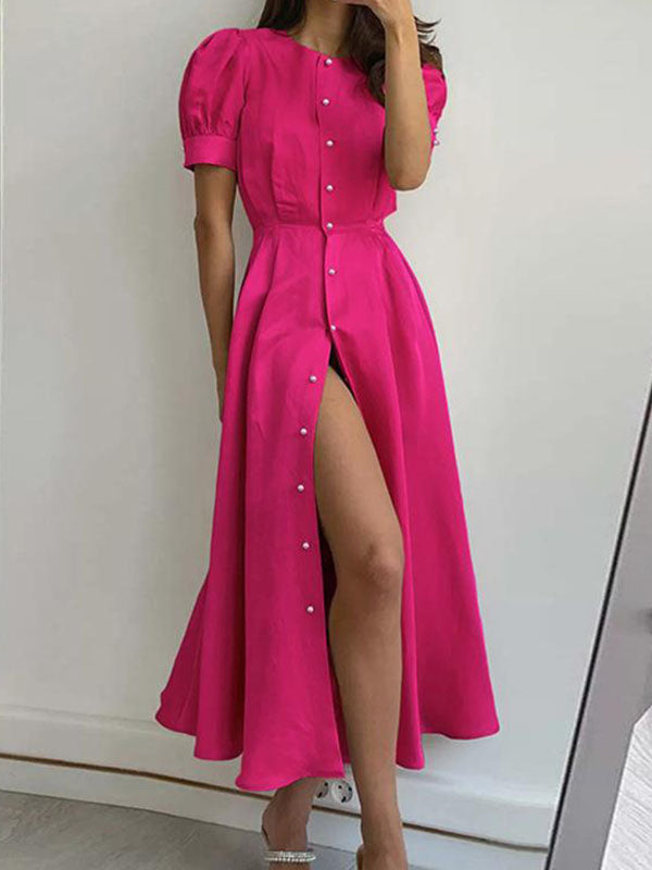 Robe mi-longue ample boutonnée taille haute, à col rond