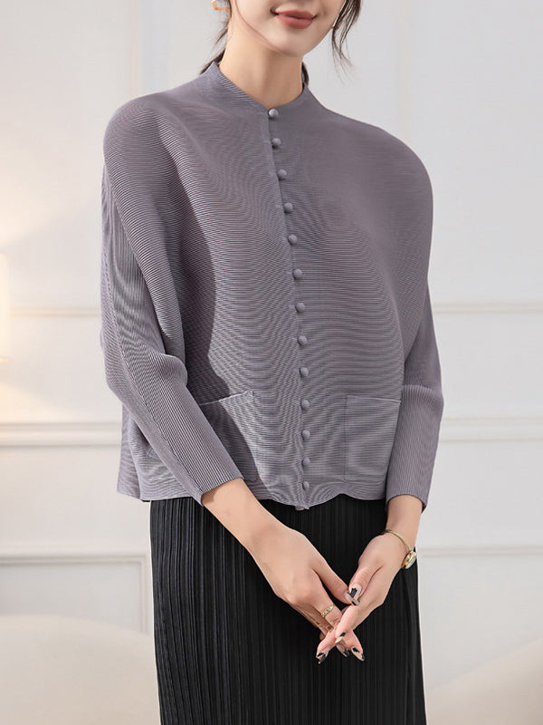 Veste ample boutonnée plissée à manches longues, à poches, à col rond, couleur unie